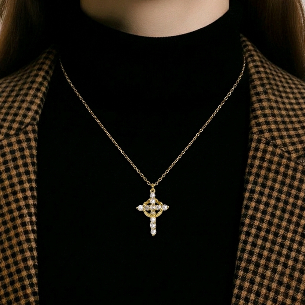 Gold Cross Necklace CZ Stainless Steel Christian Faith Dainty Crown Pendant Gift